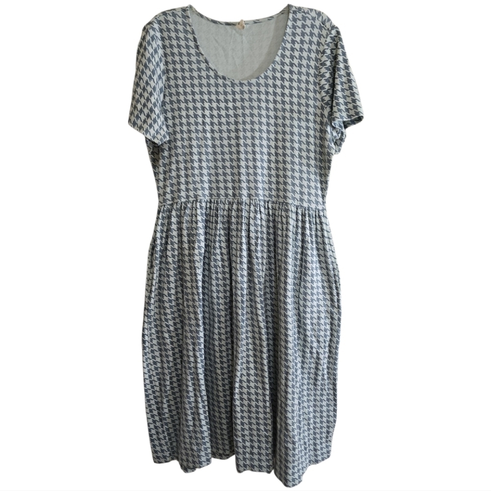 Kate Quinn Blue Houndstooth 100% Organic Cotton Midi Dress With Pockets XL